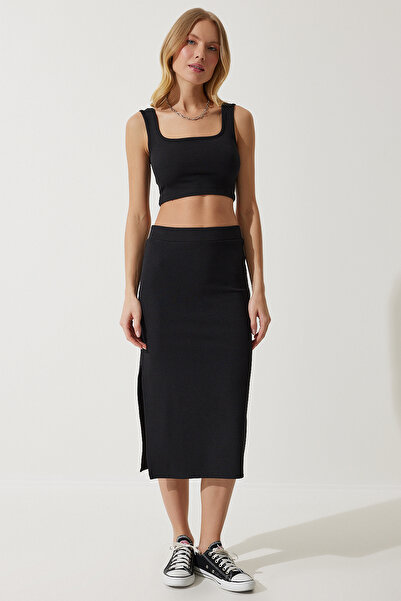 Happiness İstanbul Női fekete pántos Crop ceruzaszoknya kötött készlet OW00041