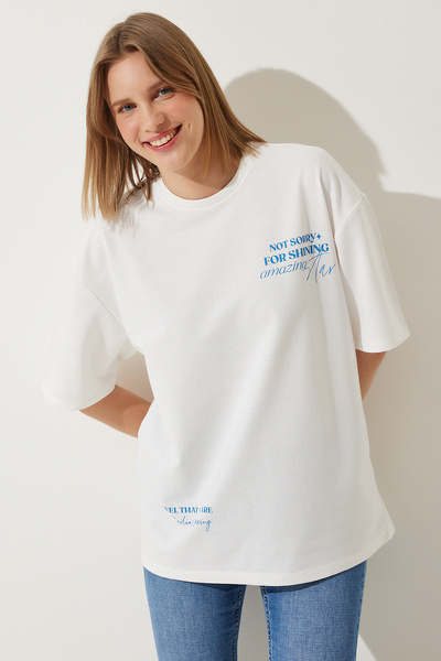 Happiness İstanbul Női fehér nyomott nagyméretű, kétszálas kötött póló AN00190