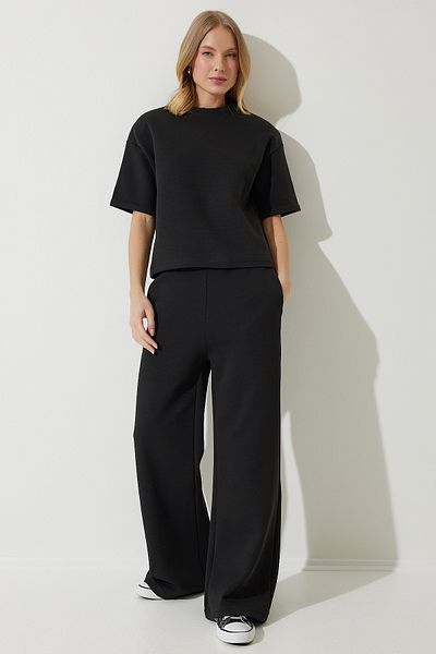 Happiness İstanbul Women's Black Premium Padded Top 2 Thread Tracksuit Set NY00001