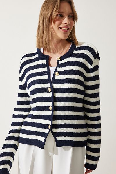 Happiness İstanbul Gepolsterte Strickjacke mit Streifenmuster in Ecru/Marineblau für Damen US00859