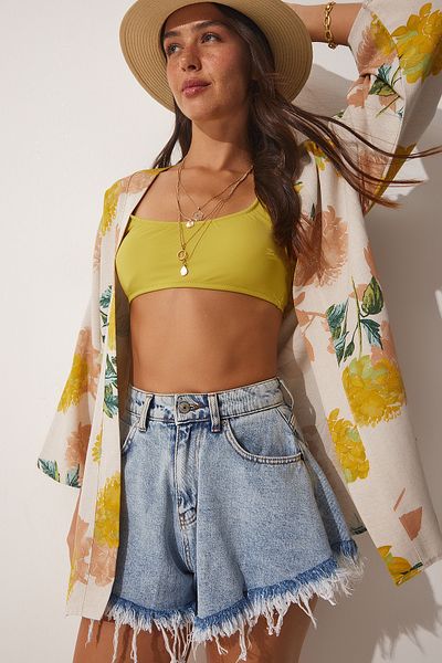 Happiness İstanbul Kimono de damă din viscoză din in, galben bej, cu model BH00381