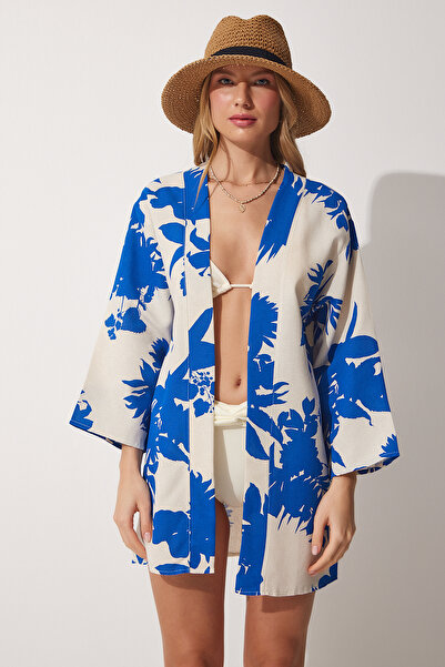 Happiness İstanbul Dámské béžově modré vzorované plátěné viskózové kimono BH00381