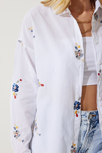 Happiness İstanbul Női Ekrü virágos hímzésű pamut ing PV00001