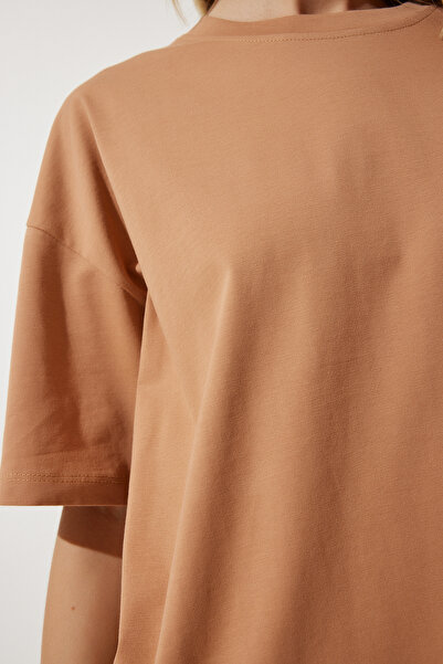 Happiness İstanbul Damska koszulka typu basic z wycięciem pod szyją, typu basic, oversize, z dzianiny BF00091