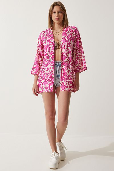 Happiness İstanbul Rosa Ecru gemusterter Viskose-Kimono für Damen EN00615