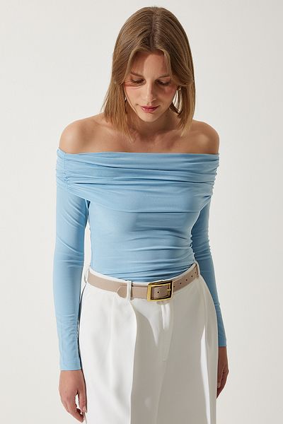Happiness İstanbul Himmelblaue, schulterfreie, geraffte Bluse für Damen FF00161