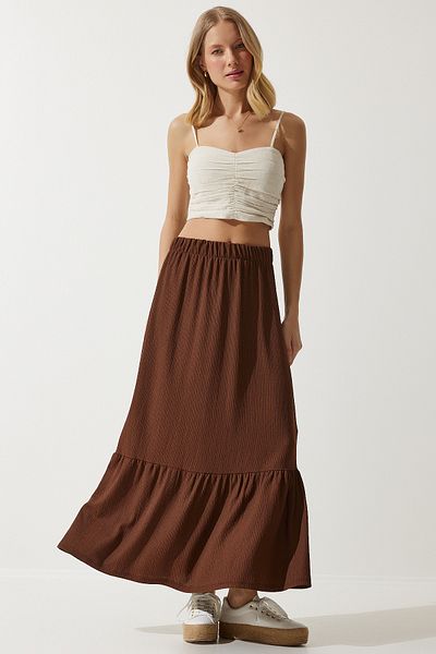 Happiness İstanbul Dámská letní midi sukně hnědé Flounce DD01231
