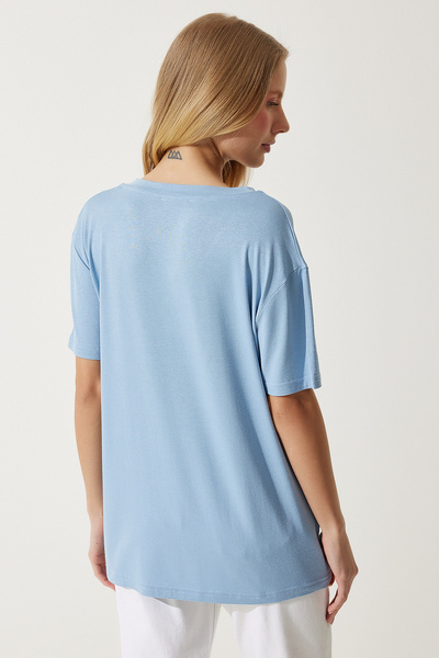 Happiness İstanbul Γυναικείο μπλουζάκι με πλέξη με λαιμόκοψη με λαιμόκοψη βασικού τύπου βισκόζης EN00613