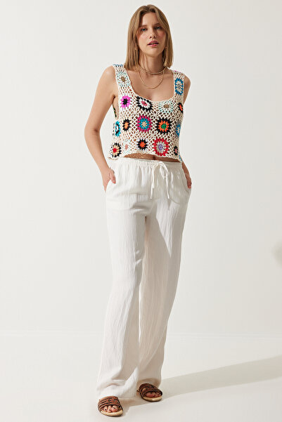 Happiness İstanbul Dámská krémová prolamovaná letní pletená halenka TP00040