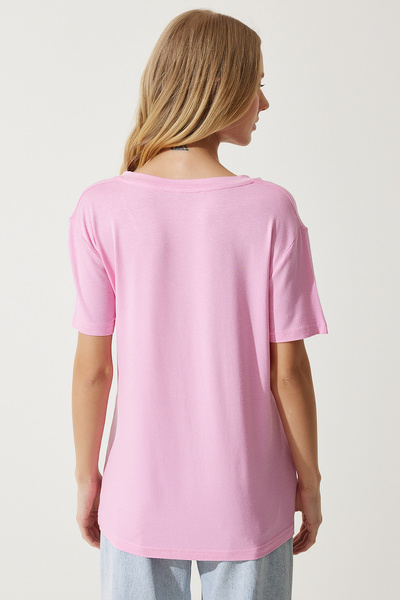 Happiness İstanbul Γυναικείο μπλουζάκι με ροζ λαιμόκοψη Βασικό πλεκτό βισκόζης EN00613