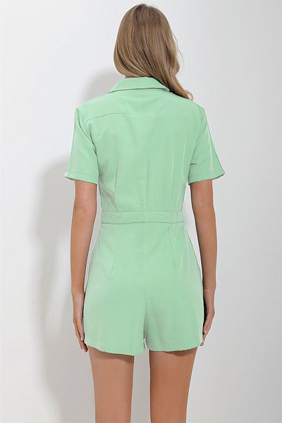 Trend Alaçatı Stili Women's Mint Shirt Collar Double Pocket Shorts Jumpsuit ALC-X11611