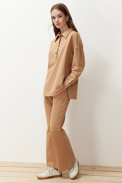 Trendyol Modest Beige Gold Buttoned Oversize Polo Set - TCTSS24US00057