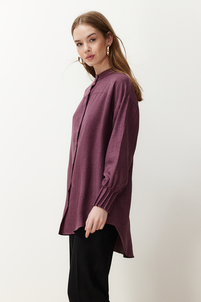 Trendyol Modest Lněná košile Aerobin Oversize - Švestka TCTSS24TG00065