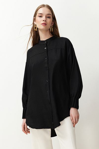 Trendyol Modest Linen Aerobin Oversize Black Shirt - TCTSS24TG00065
