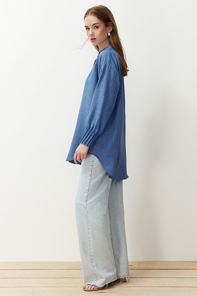 Trendyol Modest Cămașă țesătă supradimensionată Aerobin de in albastru TCTSS24TG00065
