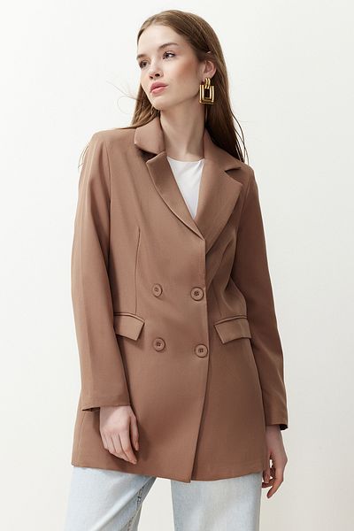 Trendyol Modest Jachetă maro deschis cu dublu nasturi, cu buzunare, țesute, blazer TCTSS22CE0250