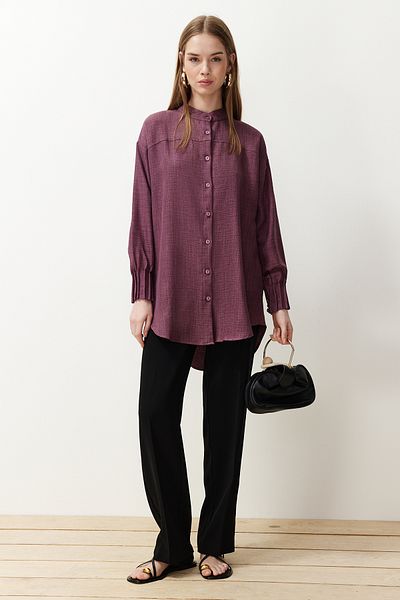 Trendyol Modest Linen Aerobin Oversize Shirt - Plum TCTSS24TG00065