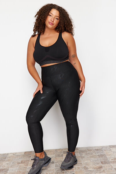 Trendyol Curve Μαύρο εμπριμέ πλεκτό καλσόν μεγάλου μεγέθους TBBSS24BV00002