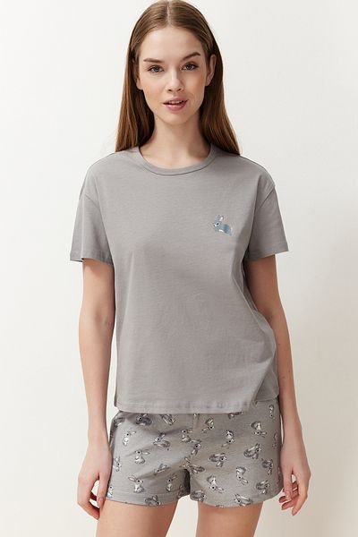 Trendyol Collection Gray Rabbit Print 100% Cotton Shorts Pajama Set - Thmss24Pt00199