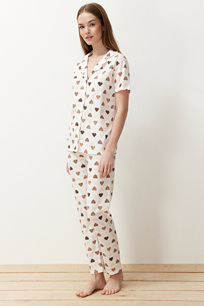 Trendyol Collection Екрю 100% бавовняний трикотажний піжамний комплект THMSS24PT00338