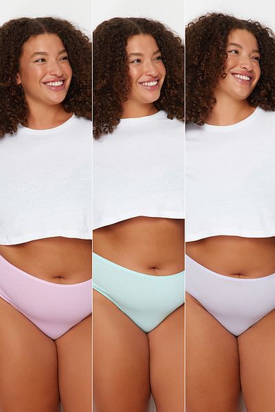 Trendyol Curve Baumwollhöschen in großer Größe, 3er-Set - Rosa, Blau, Lila Tbbss23Cm00003