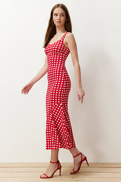 Trendyol Collection Red Plaid Strappy Fitted Ribbed Flexible Knitted Maxi Pencil Dress TWOSS24EL00682