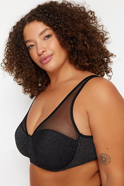 Trendyol Curve Μαύρο Σουτιέν με πλέγμα με γκλίτερ TBBAW24CW00006