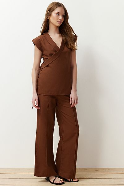 Trendyol Collection Barna duplasoros nyakkendő, részletes szövött felső és alsó készlet TWOSS24AU00039