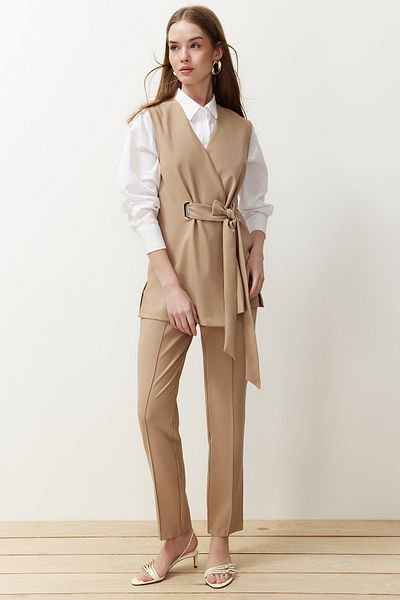 Trendyol Modest Camel Accessory Detailed Woven Fabric Vest Trousers Bottom Top Set TCTSS24US00035