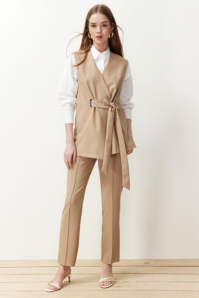 Trendyol Modest Camel Accessory Detailed Woven Fabric Vest Trousers Bottom Top Set TCTSS24US00035