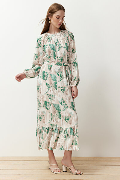 Trendyol Modest Πράσινο λουλουδένιο υφαντό φόρεμα TCTSS24EB00231