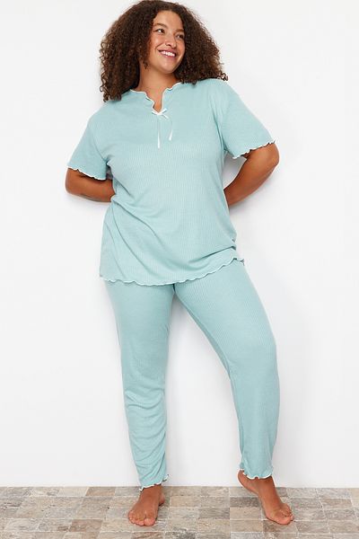 Trendyol Curve Mint Colored Bow Detailed Knitted Pajamas Set - TBBSS24AI00095