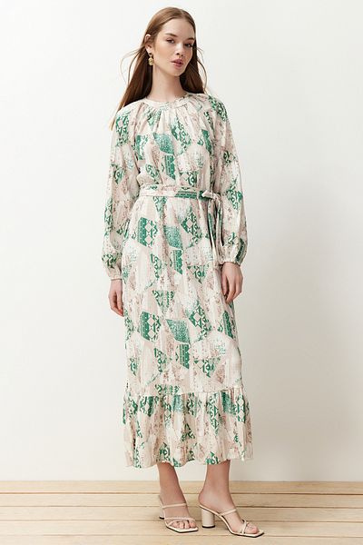 Trendyol Modest Green Floral Belted Woven Dress TCTSS24EB00231