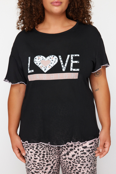 Trendyol Curve Black Leopard Patterned Knitted Pajamas Set TBBSS24AI00104