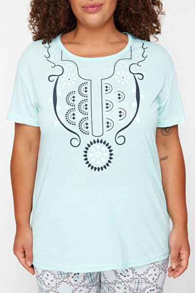 Trendyol Curve Σετ Πιτζάμες Πλεκτής με Γεωμετρικό Σχέδιο μπλε TBBSS24AI00093