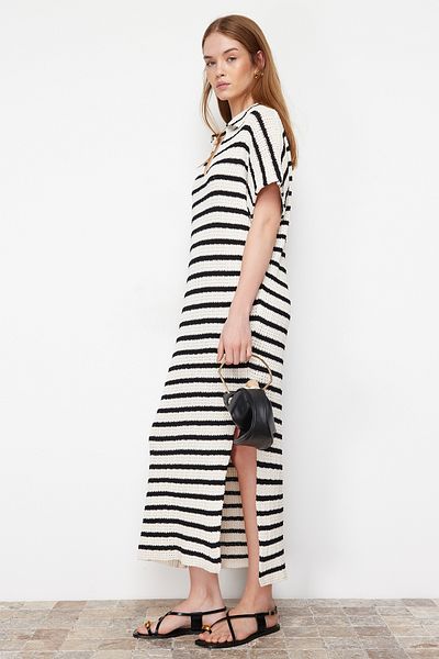 Trendyol Collection Ecru Maxi csíkos pólógallér kötöttáru ruha TWOSS24EL00824