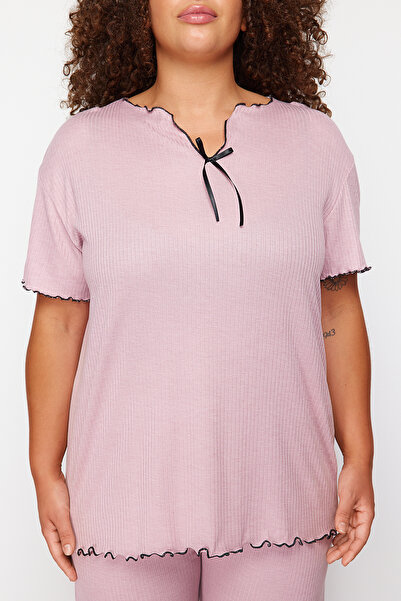 Trendyol Curve Dried Rose Knitted Pajama Set - Bow Detail TBBSS24AI00095