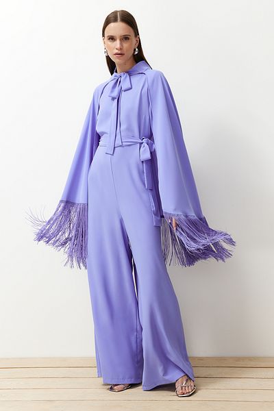 Trendyol Modest Lilac Tasseled Cape-Jumpsuit Evening Dress Suit TCTAW24DB00007
