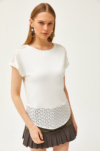 Olalook Tricou cu detaliu Guipur alb de damă TSH-19000190
