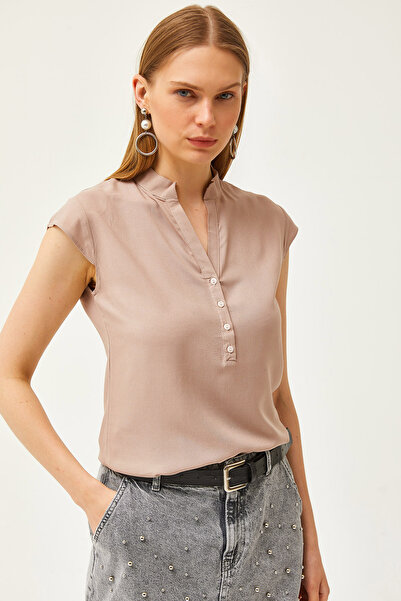 Olalook Γυναικεία μινκ μπλούζα βισκόζης με λαιμόκοψη 4 κουμπιών BLZ-19000279