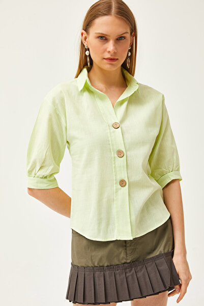 Olalook Kadın Açık Yeşil Ahşap Düğmeli Truvakar Kol Keten Gömlek GML-19001095