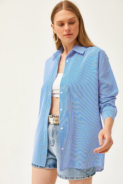 Olalook Marineblaues, gestreiftes Boyfriend-Webhemd für Damen GML-19001196