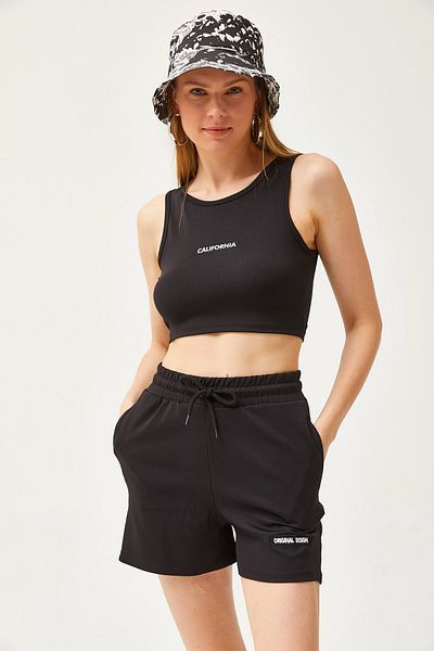 Olalook Women's Black Embroidered Lycra Shorts Suit TKM-19000275