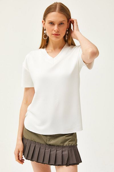 Olalook Women's Ecru V-Neck Bottom Oval Modal Button T-Shirt TSH-19000804