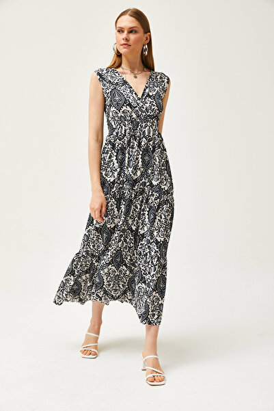 Olalook Kadın Şal Siyah Kruvaze Yaka Desenli Maxi Örme Elbise ELB-19002125