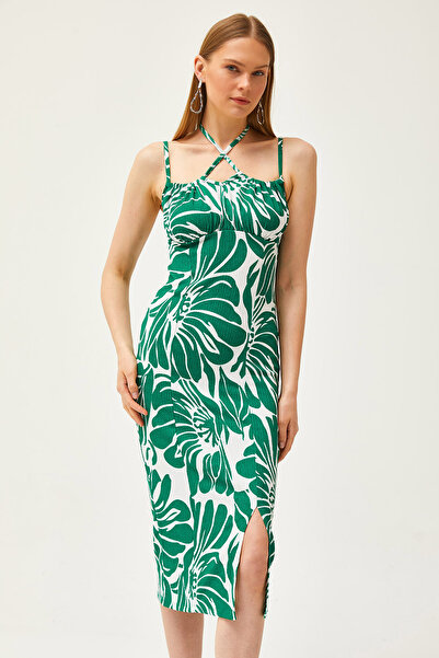 Olalook Women's Green Thin Strap Collar Tied Slit Midi Dress ELB-19002126