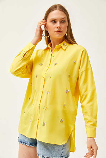 Olalook Női sárga galléros és ékköves elülső hat ovális szőtt ing GML-19001149