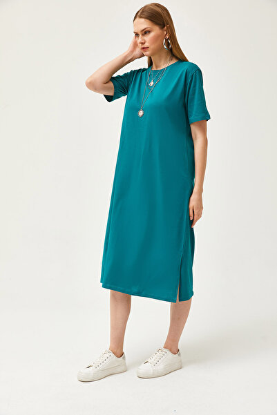 Olalook Women's Emerald Green Side Slit Oversize Cotton Dress ELB-19001880