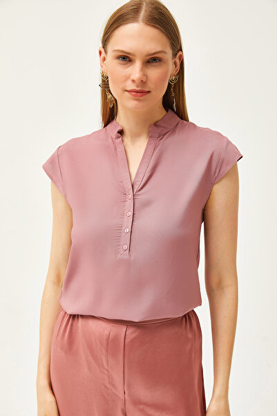 Olalook Γυναικεία Dusty Rose V-Neck με 4 κουμπιά μπλούζα βισκόζης BLZ-19000279