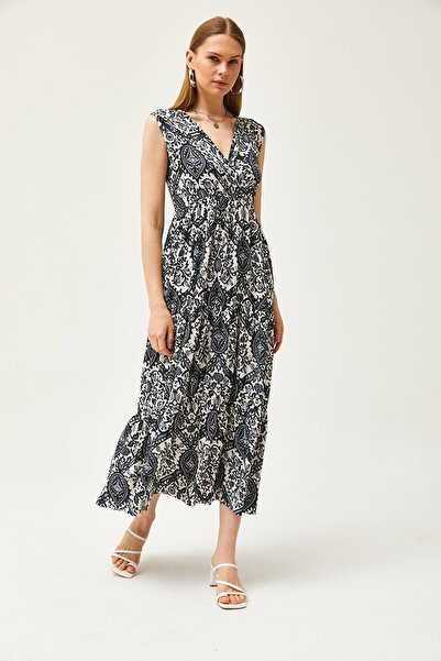 Olalook Kadın Şal Siyah Kruvaze Yaka Desenli Maxi Örme Elbise ELB-19002125